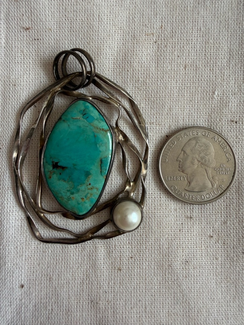 Artisan HUGE Turquoise and Pearl 925 Sterling Silver Necklace Pendant - Picture 2 of 12